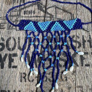 Native-Inspired Beaded Choker with Shells • Fringed • Shades of Sky Blue